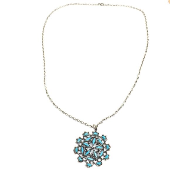 3/$30 VINTAGE SILVER TONE TURQUOISE COLOR PENDANT NECKLACE BOHO STARBURST - Picture 3 of 10